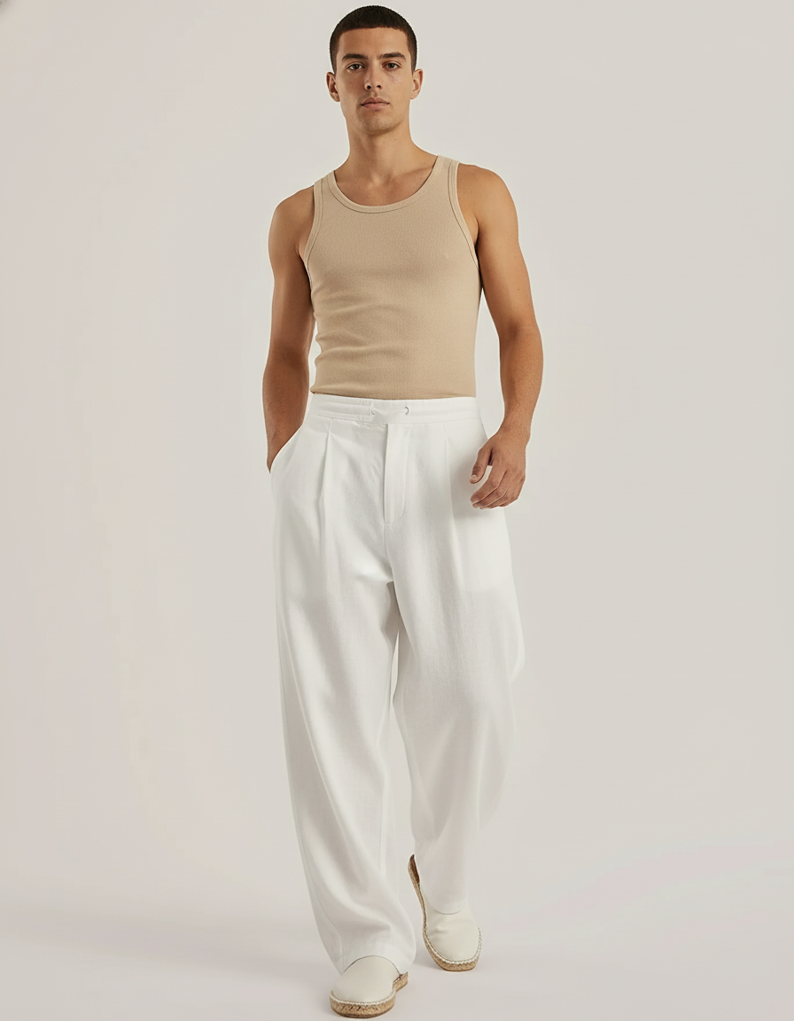 Pantalon Baggy Blanc Lin Ample Élégant Homme