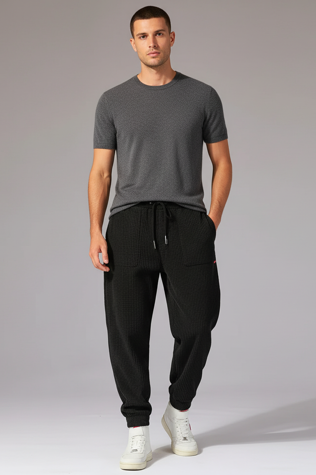 Pantalon Baggy Noir Côtelé Ample Décontracté Sport - Maille