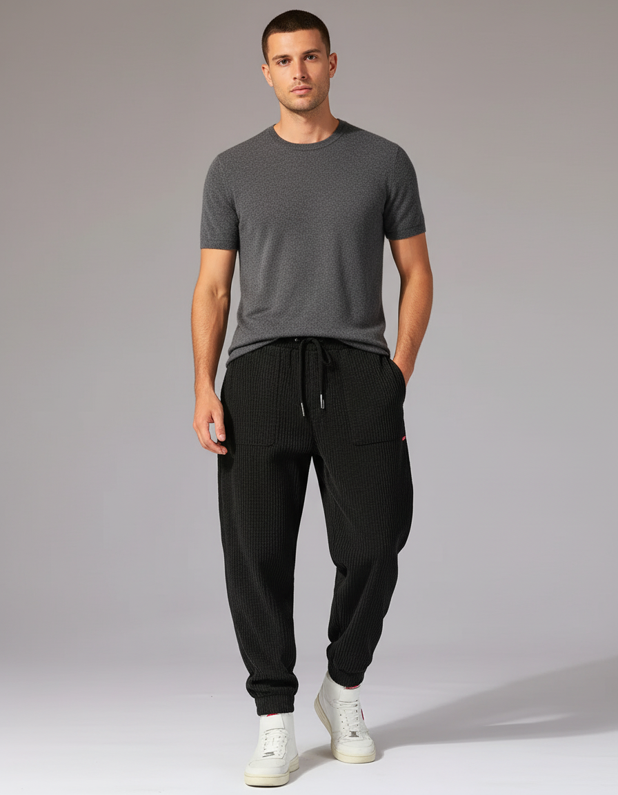 Pantalon Baggy Noir Côtelé Ample Décontracté Sport - Maille