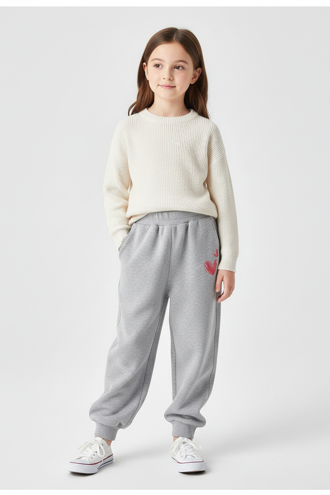 Pantalon Baggy Gris Cœurs Décontracté Enfant Coton - Molleton