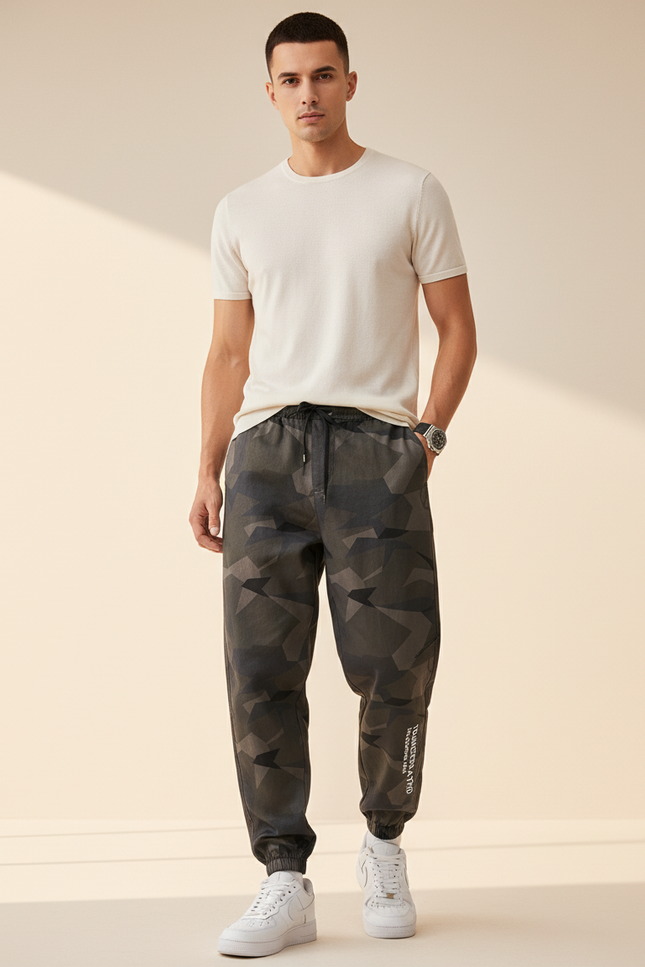 Pantalon Baggy Camouflage Géométrique Cordon Décontracté Homme - Kaki Molleton