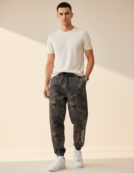 Pantalon Baggy Camouflage Géométrique Cordon Décontracté Homme - Kaki Molleton