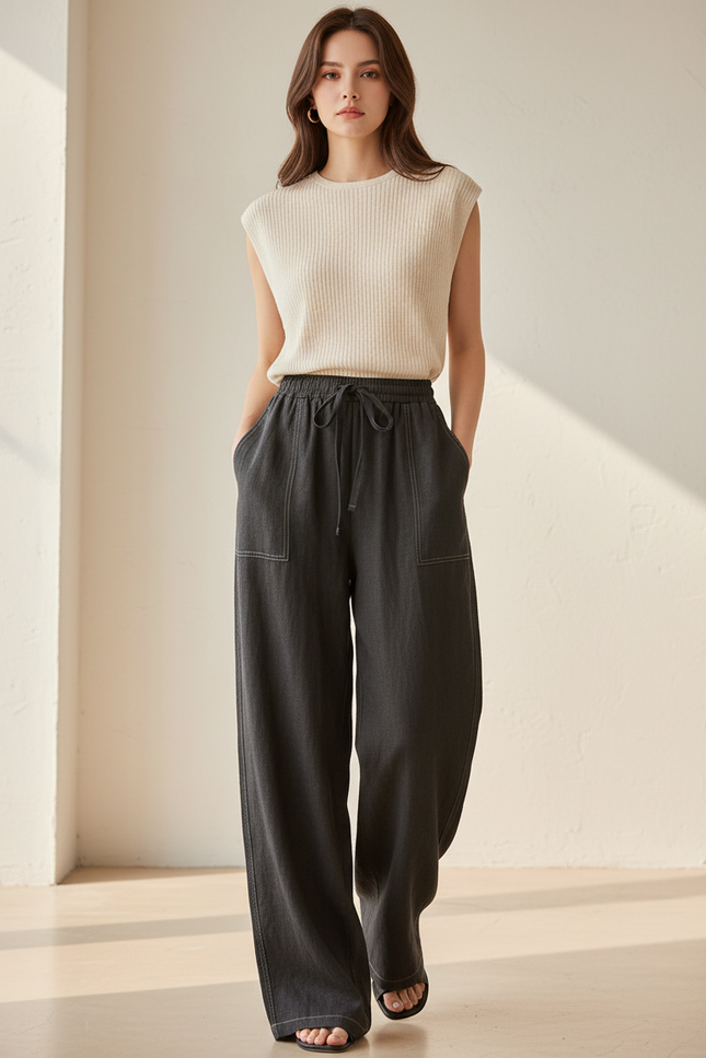 Pantalon Baggy Gris Ample Décontracté Fluide Femme - Jean