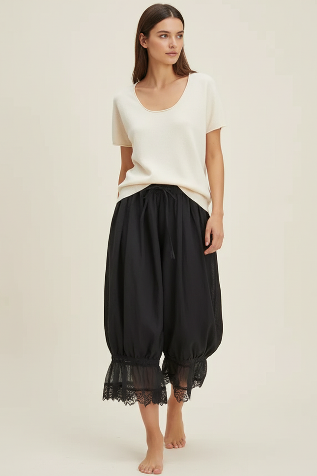 Pantalon Baggy Noir Ample Dentelle Fluide Estival - Viscose