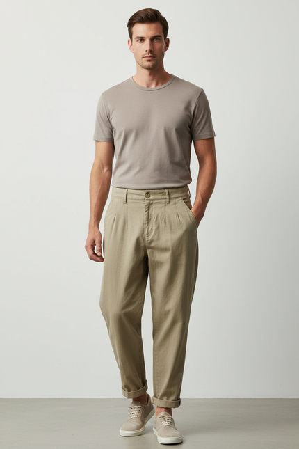 Pantalon Baggy Kaki Coton Plissé Décontracté Homme