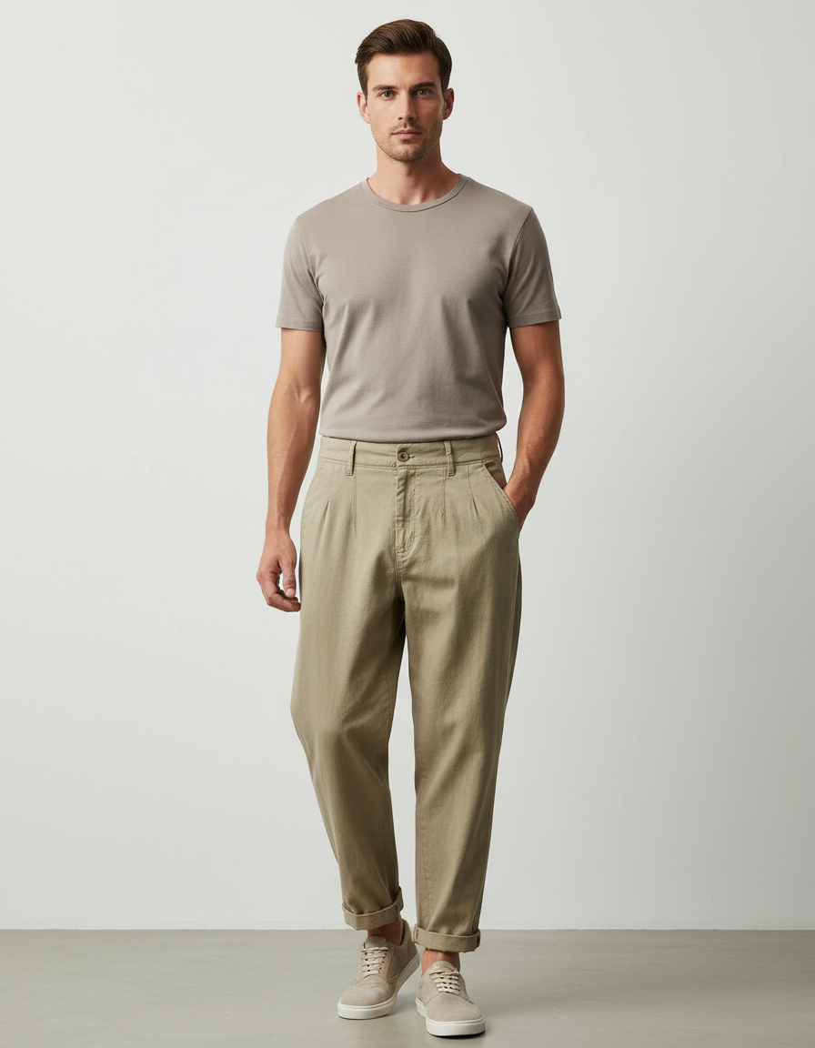 Pantalon Baggy Kaki Coton Plissé Décontracté Homme