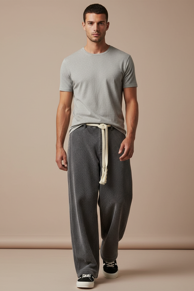 Pantalon Baggy Gris Côtelé Large Décontracté Homme - Cordé