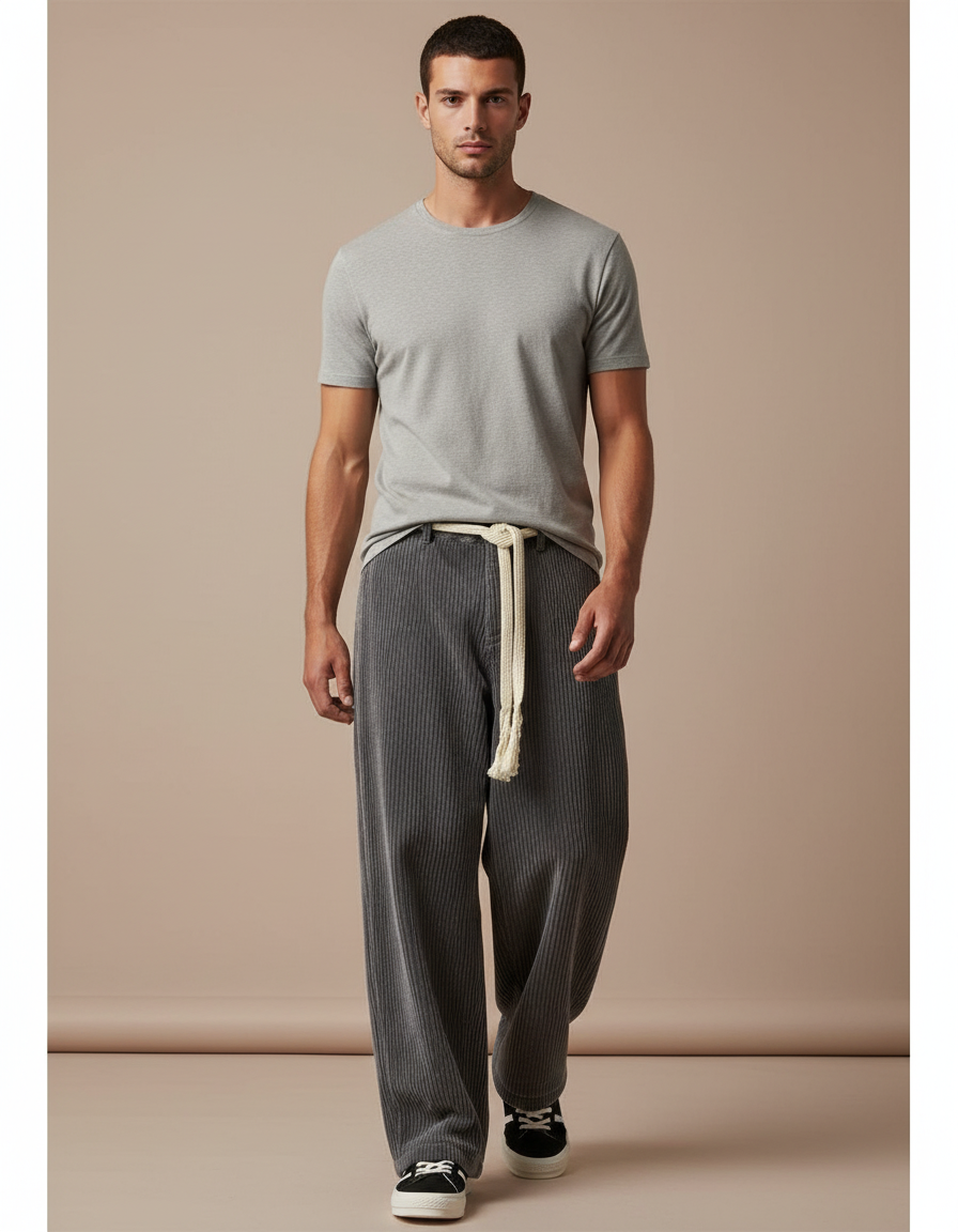 Pantalon Baggy Gris Côtelé Large Décontracté Homme - Cordé