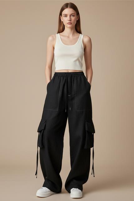 Pantalon Baggy Noir Ample Cargo Cordon Femme - Jean