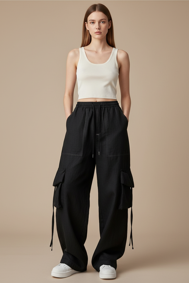 Pantalon Baggy Noir Ample Cargo Cordon Femme - Jean