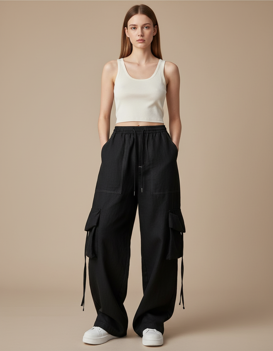 Pantalon Baggy Noir Ample Cargo Cordon Femme - Jean