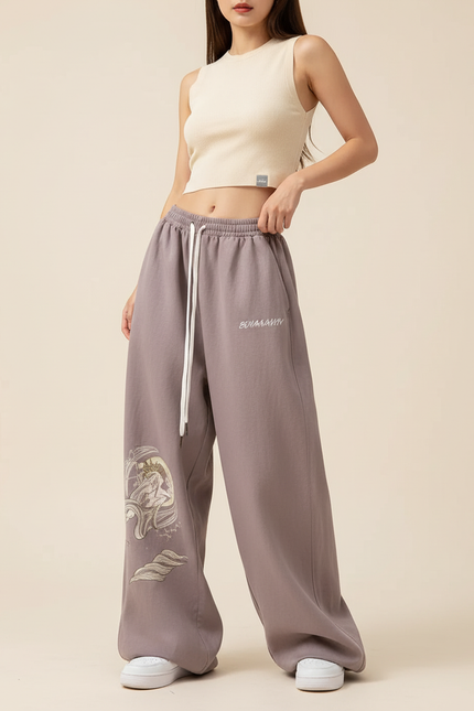Pantalon Baggy Violet Imprimé Ample Cordon Streetwear - Molleton