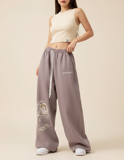 Pantalon Baggy Violet Imprimé Ample Cordon Streetwear - Molleton