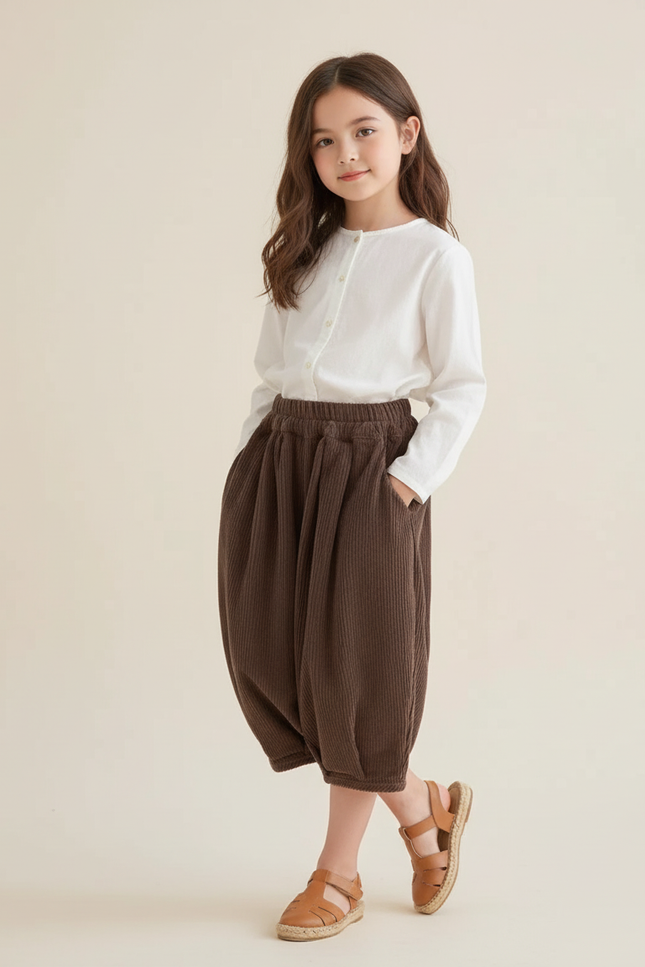 Pantalon Baggy Fille Taille Élastique Velours 2 - Marron Cordé