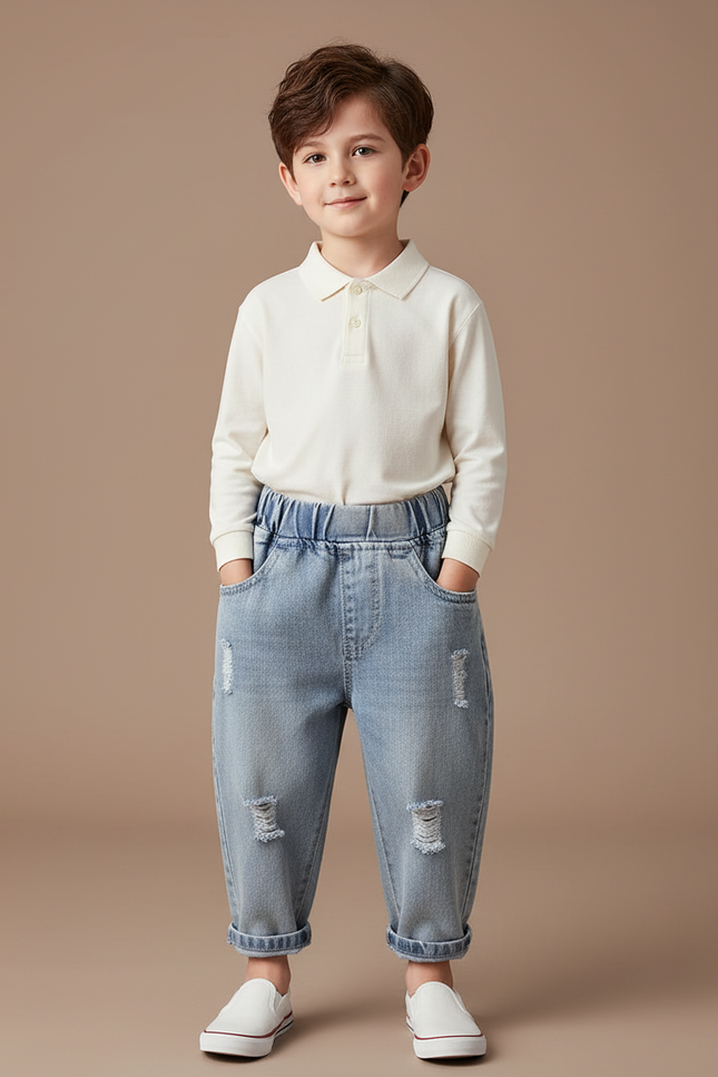 Pantalon Baggy Jean Clair Ample Déchiré Enfant - Bleu