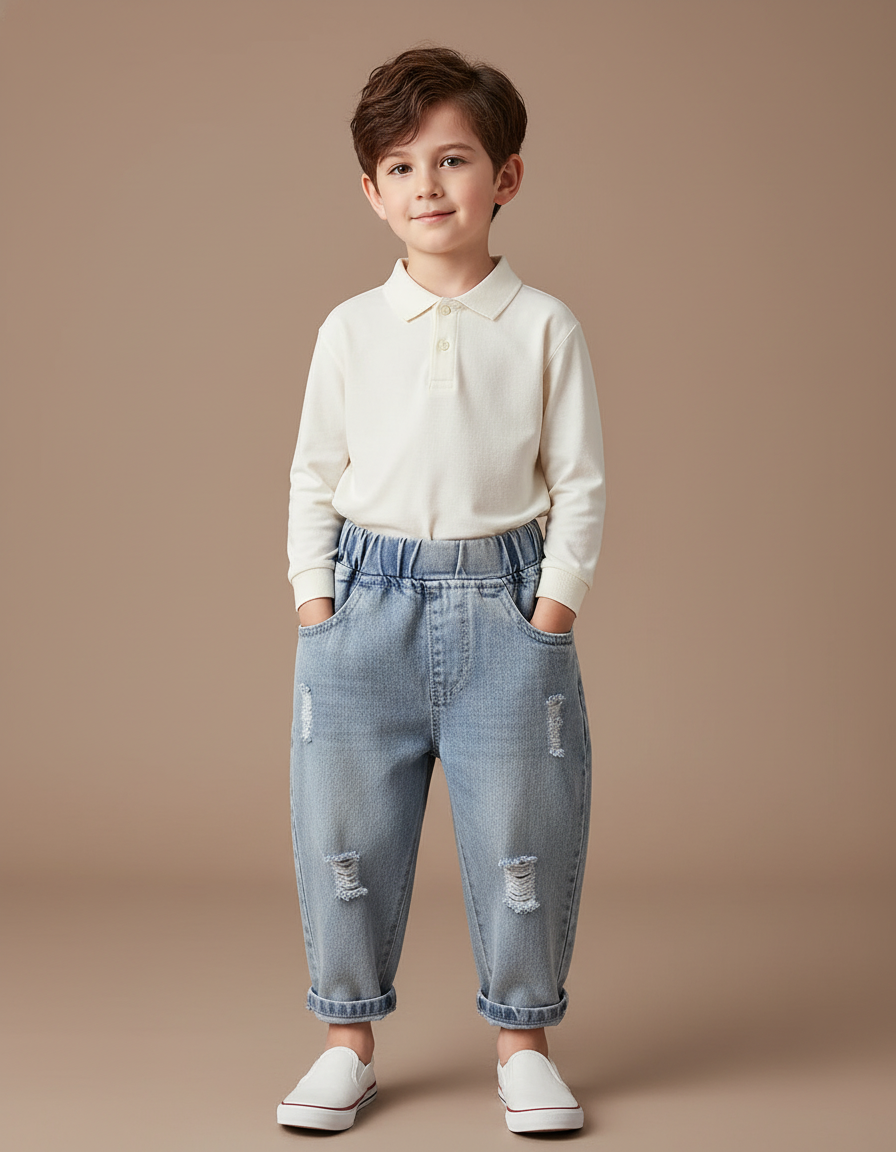 Pantalon Baggy Jean Clair Ample Déchiré Enfant - Bleu