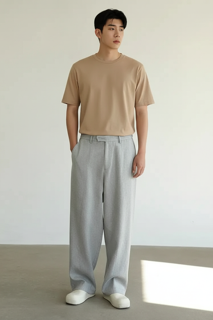 Pantalon Baggy Gris Clair Ample Droit Décontracté - Polyester