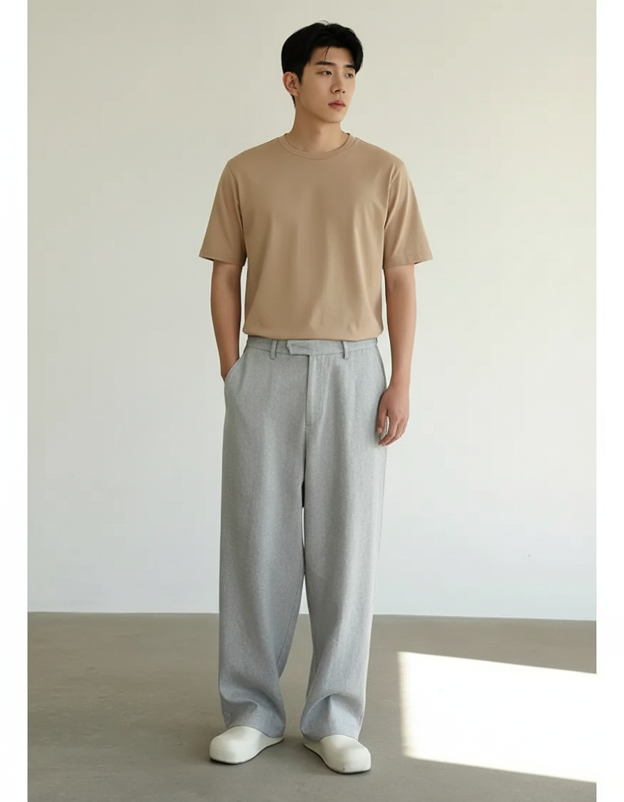 Pantalon Baggy Gris Clair Ample Droit Décontracté - Polyester