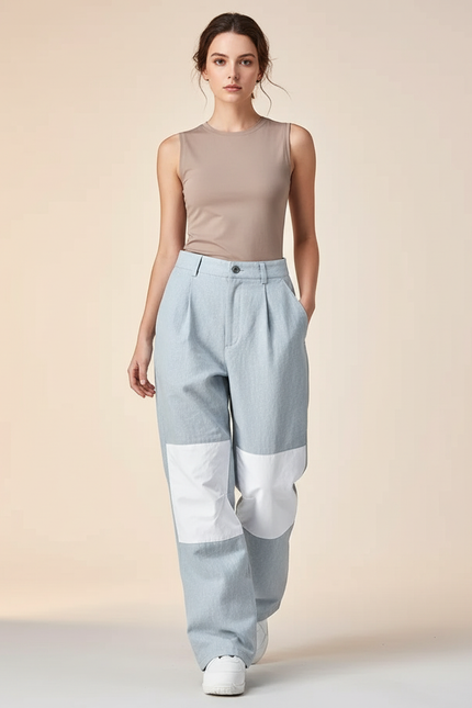 Pantalon Baggy Bleu Ciel Patchwork Blanc Ample Décontracté - Toile
