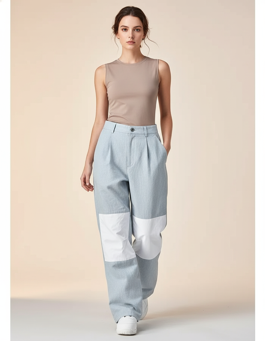 Pantalon Baggy Bleu Ciel Patchwork Blanc Ample Décontracté - Toile
