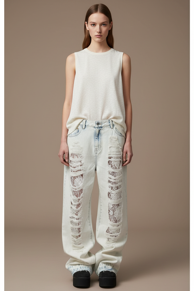 Pantalon Baggy Jean Bleu Clair Détruit Dentelle