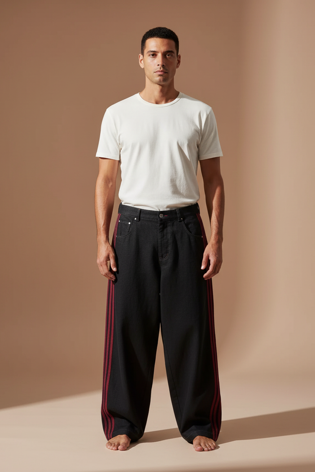 Pantalon Baggy Noir Rayures Rouges Ample Décontracté - Jean