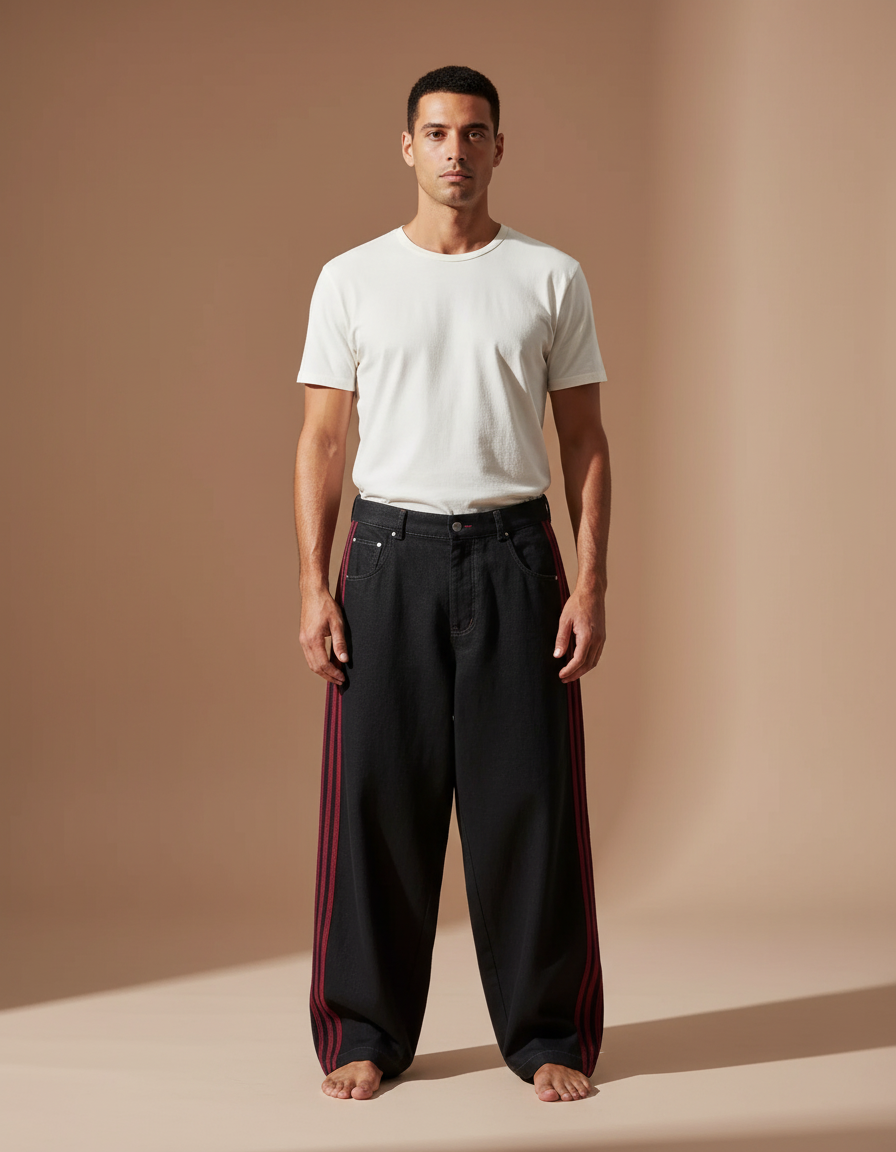 Pantalon Baggy Noir Rayures Rouges Ample Décontracté - Jean