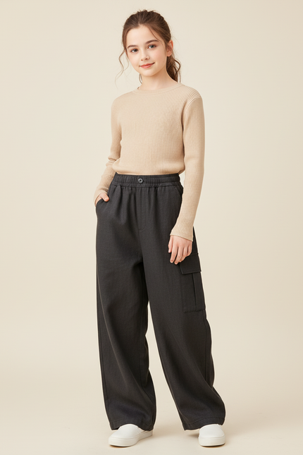 Pantalon Baggy Gris Ample Cargo Confortable Fille - Laine
