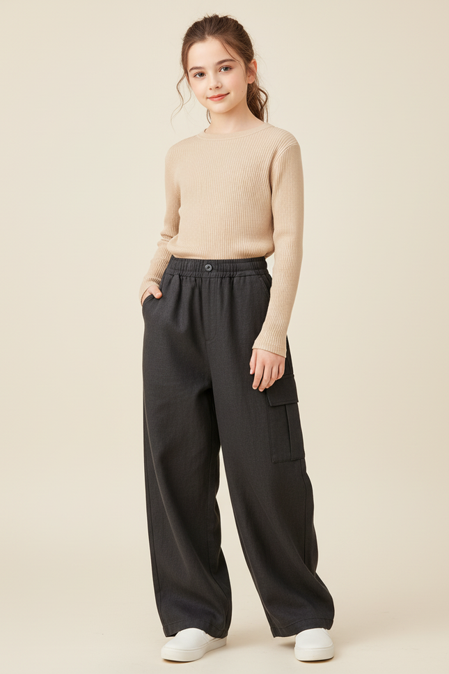 Pantalon Baggy Gris Ample Cargo Confortable Fille - Laine