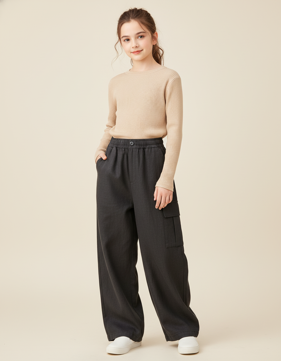 Pantalon Baggy Gris Ample Cargo Confortable Fille - Laine