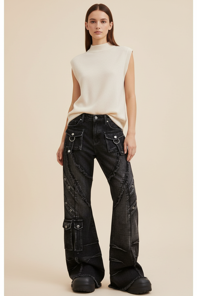 Pantalon Baggy Noir Délavé Patchwork Cargo Y2K Femme - Jean