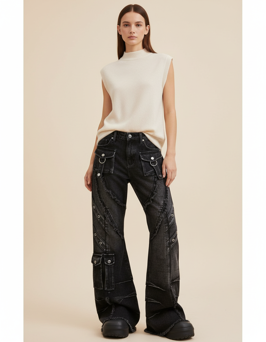 Pantalon Baggy Noir Délavé Patchwork Cargo Y2K Femme - Jean