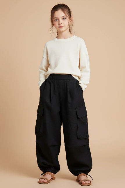 Pantalon Baggy Noir Cargo Ample Décontracté Enfant - Lin