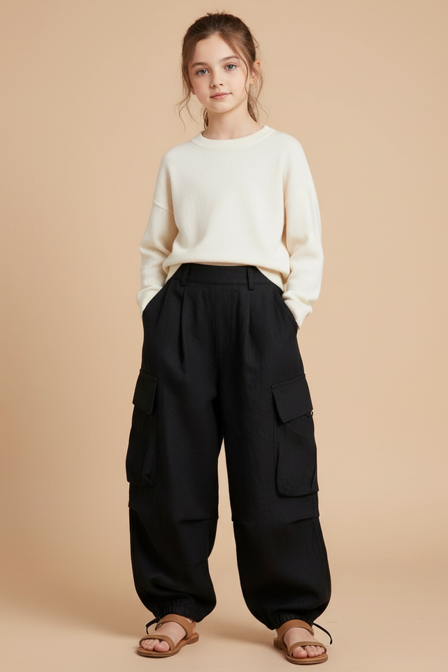 Pantalon Baggy Noir Cargo Ample Décontracté Enfant - Lin