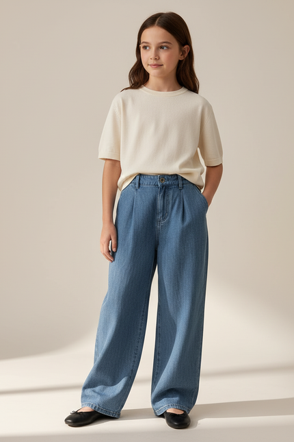 Pantalon Baggy Bleu Jean Ample Plissé Enfant