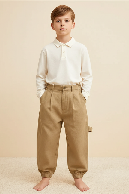 Pantalon Baggy Beige Ample Plissé Confortable Enfant - Toile