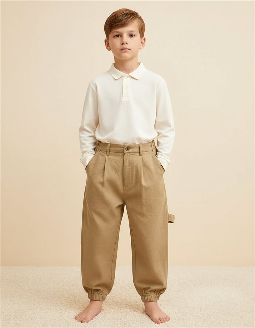 Pantalon Baggy Beige Ample Plissé Confortable Enfant - Toile
