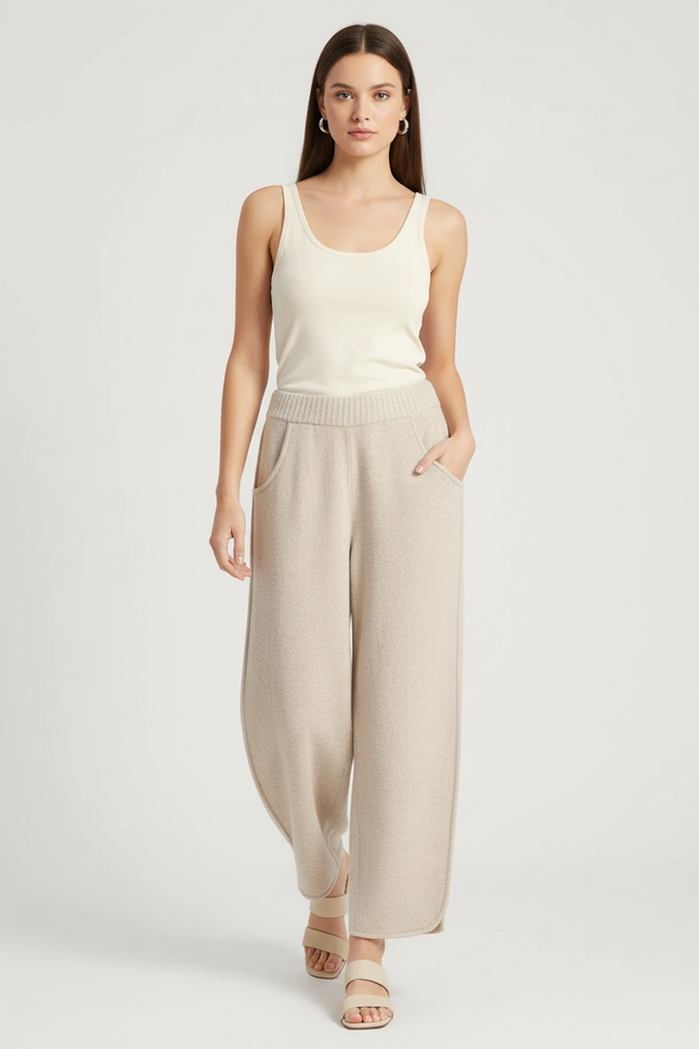 Pantalon Baggy Beige Tricoté Ample Hiver Femme - Maille