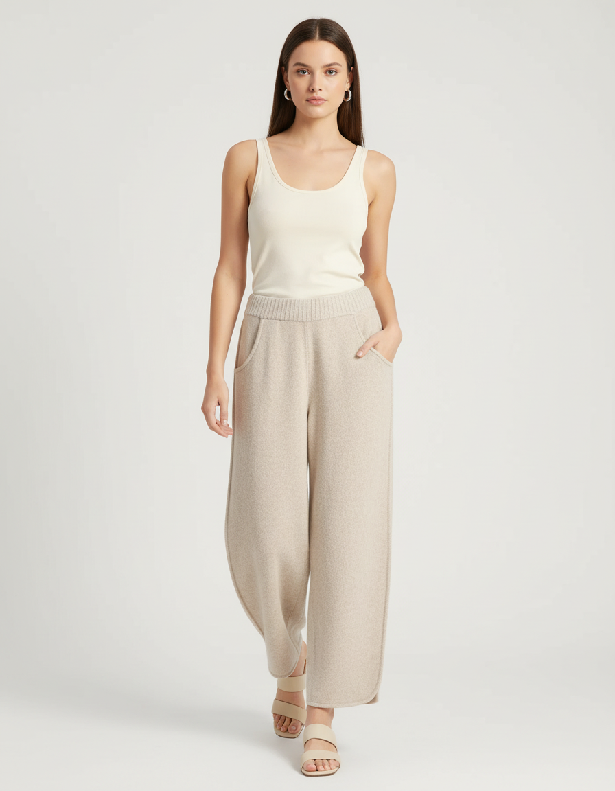 Pantalon Baggy Beige Tricoté Ample Hiver Femme - Maille