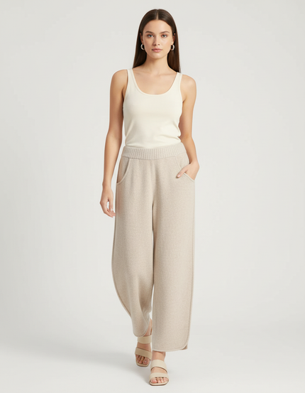 Pantalon Baggy Beige Tricoté Ample Hiver Femme - Maille