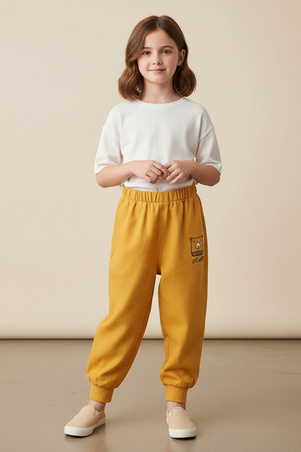 Pantalon Baggy Jaune Moutarde Coton Molleton Enfant Décontracté Ourson