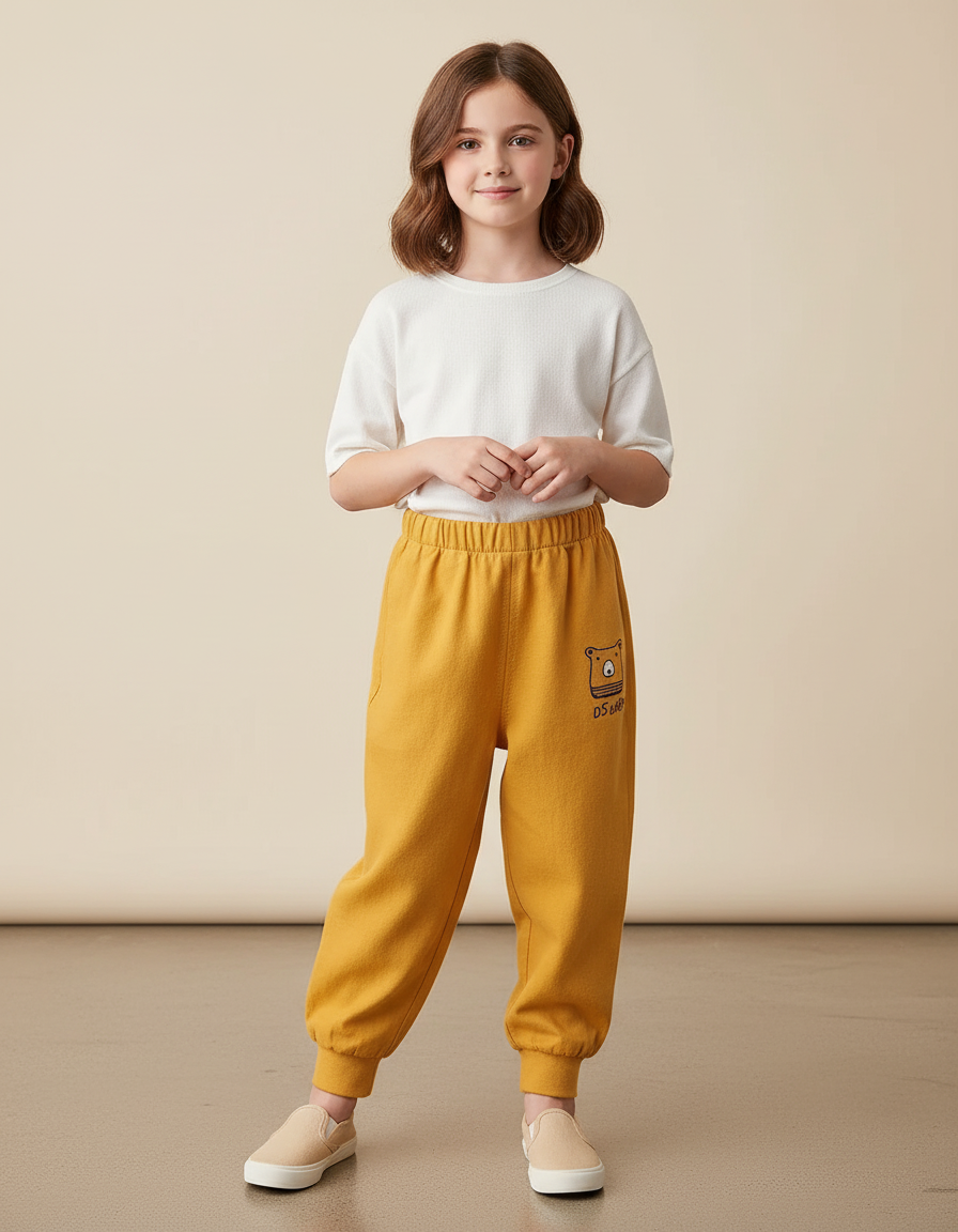 Pantalon Baggy Jaune Moutarde Coton Molleton Enfant Décontracté Ourson