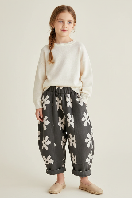 Pantalon Baggy Gris Fleuri Ample Coton Enfant