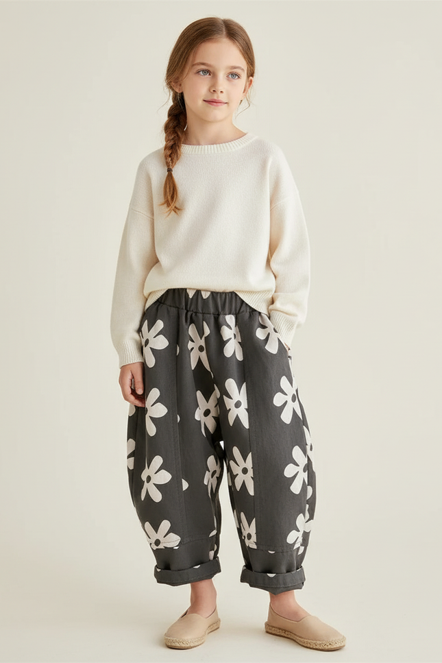 Pantalon Baggy Gris Fleuri Ample Coton Enfant