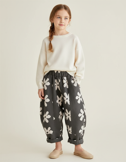 Pantalon Baggy Gris Fleuri Ample Coton Enfant