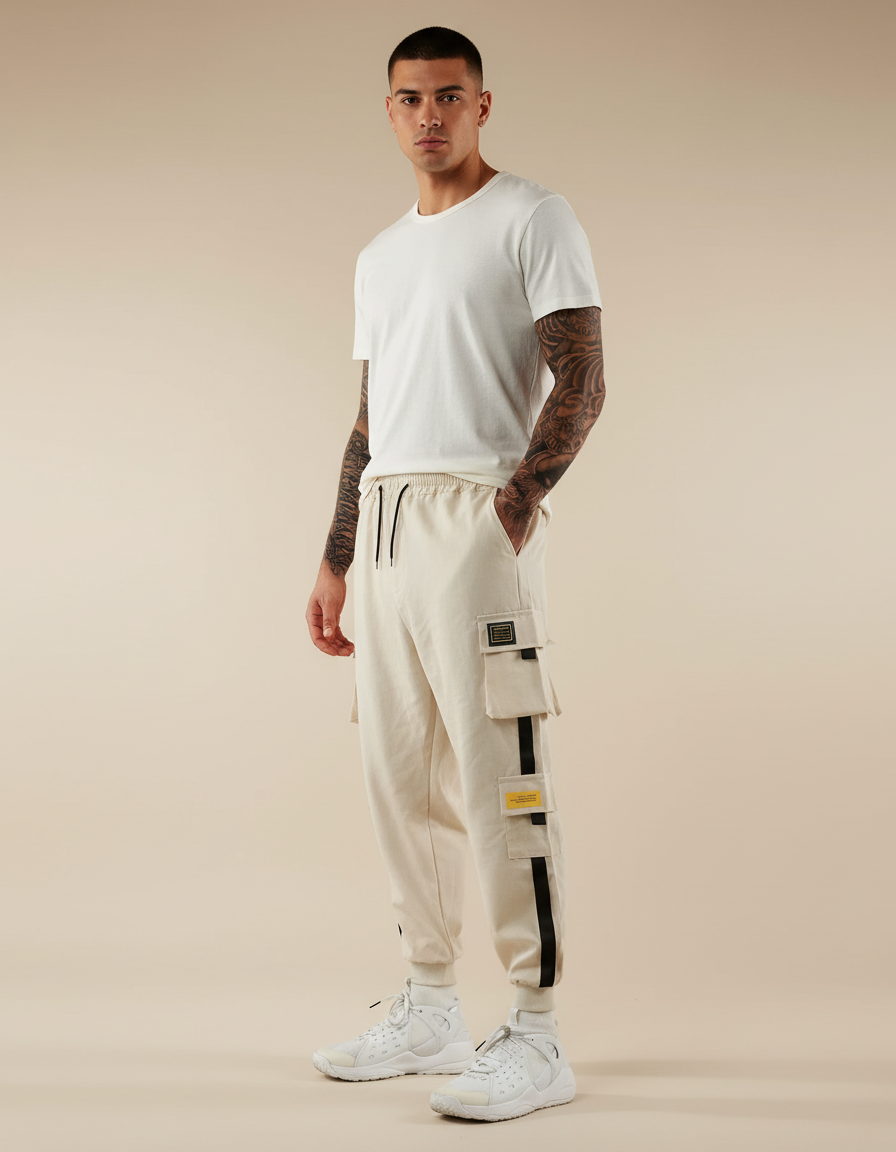 Pantalon Baggy Beige Cargo Décontracté Multi-Poches Homme - Molleton