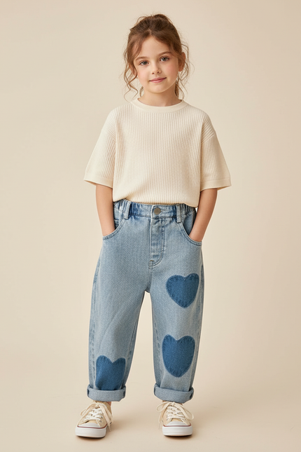 Pantalon Baggy Jean Cœur Bleu Ample Enfant