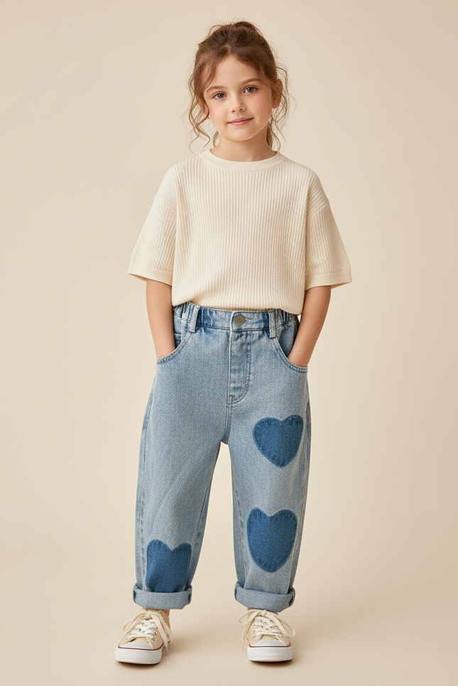 Pantalon Baggy Jean Cœur Bleu Ample Enfant