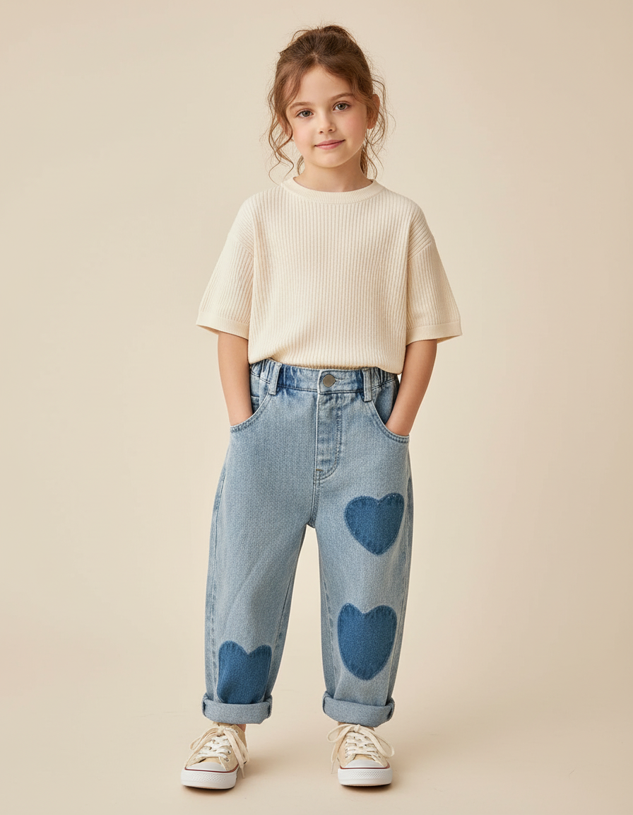 Pantalon Baggy Jean Cœur Bleu Ample Enfant