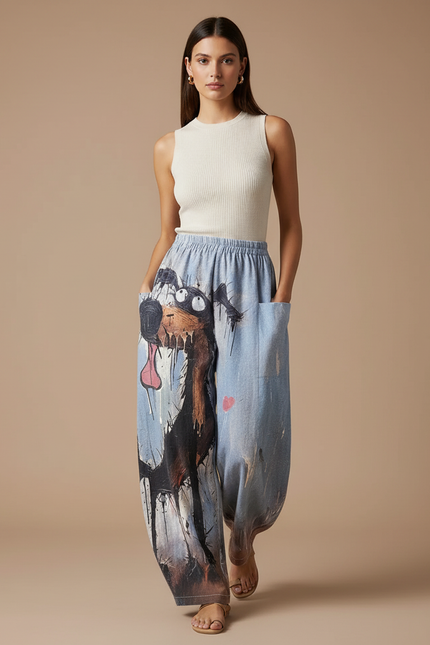 Pantalon Baggy Bleu Imprimé Chien Ample Décontracté Femme - Jean